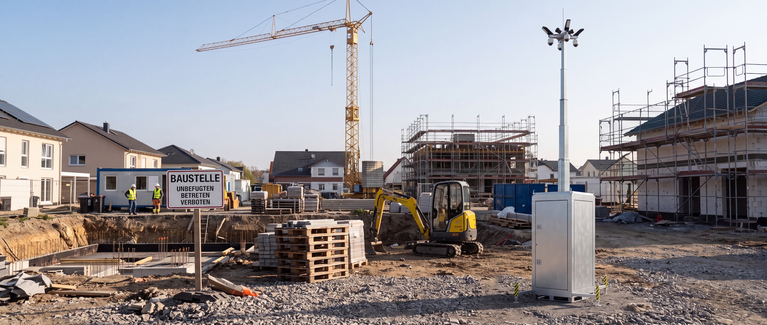 Mobile Tower Platform auf einer Baustelle mit Kran, Gerüst und Minibagger