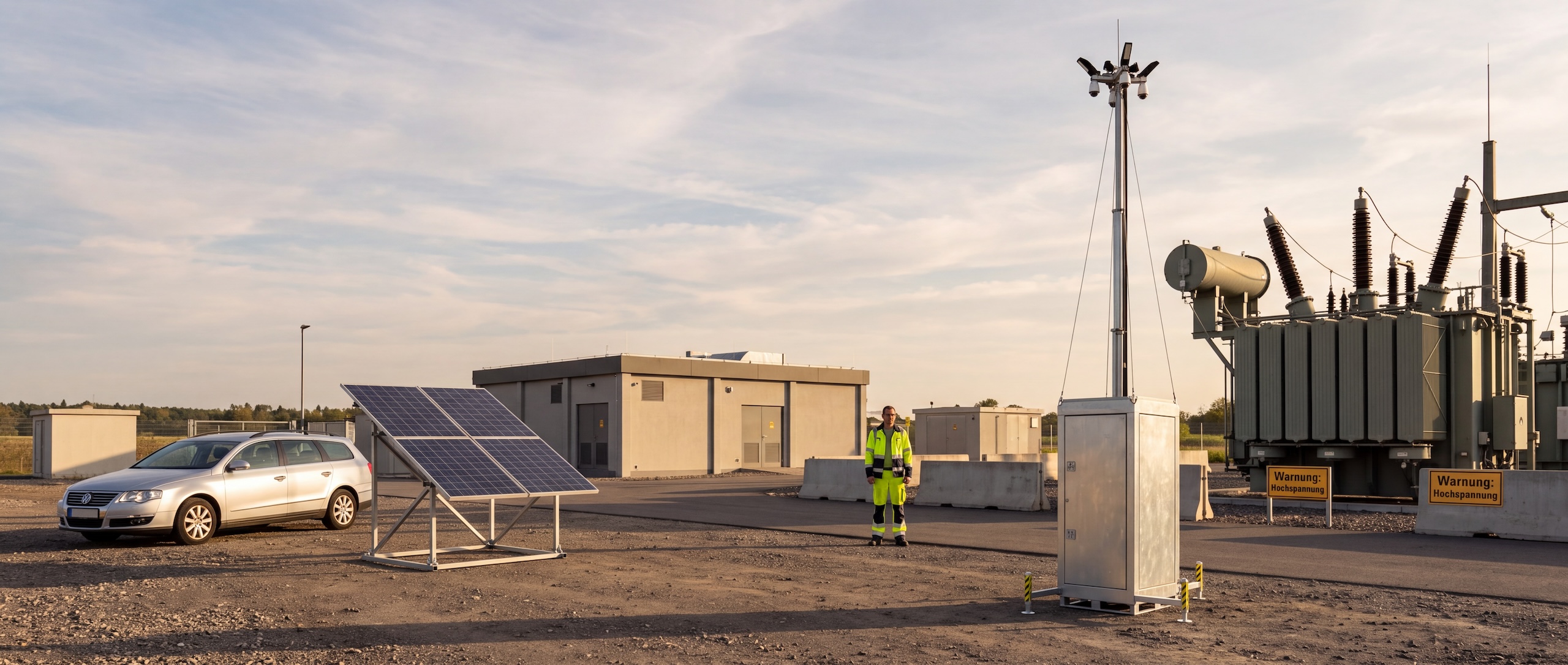 Mobile Tower Platform an einem Umspannwerk mit Transformator, Solarpanel und Mitarbeiter in Warnweste
