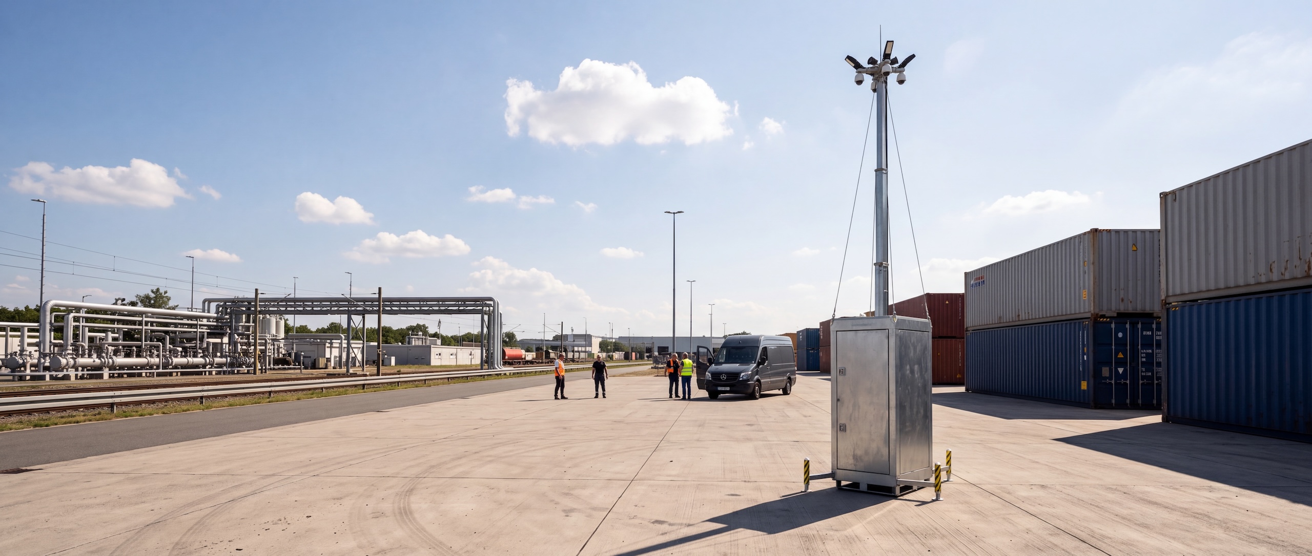 Mobile Tower Platform auf einem Containerterminal mit gestapelten Containern und Industrieanlage im Hintergrund